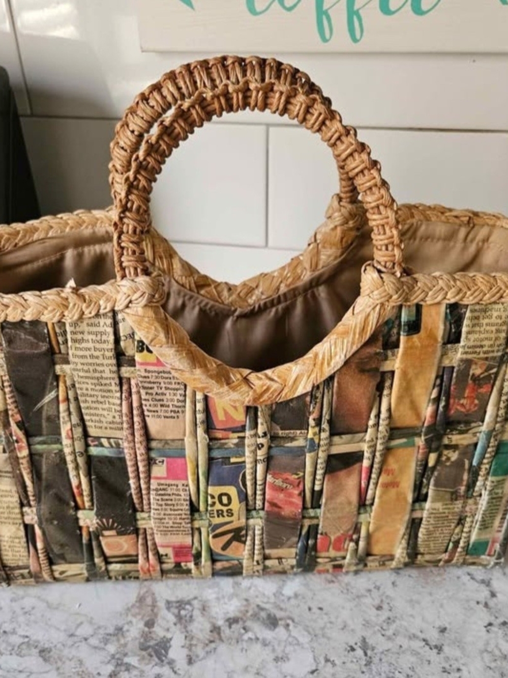 Woven Rattan Handle Tote Bag in Natural & Multi-Print